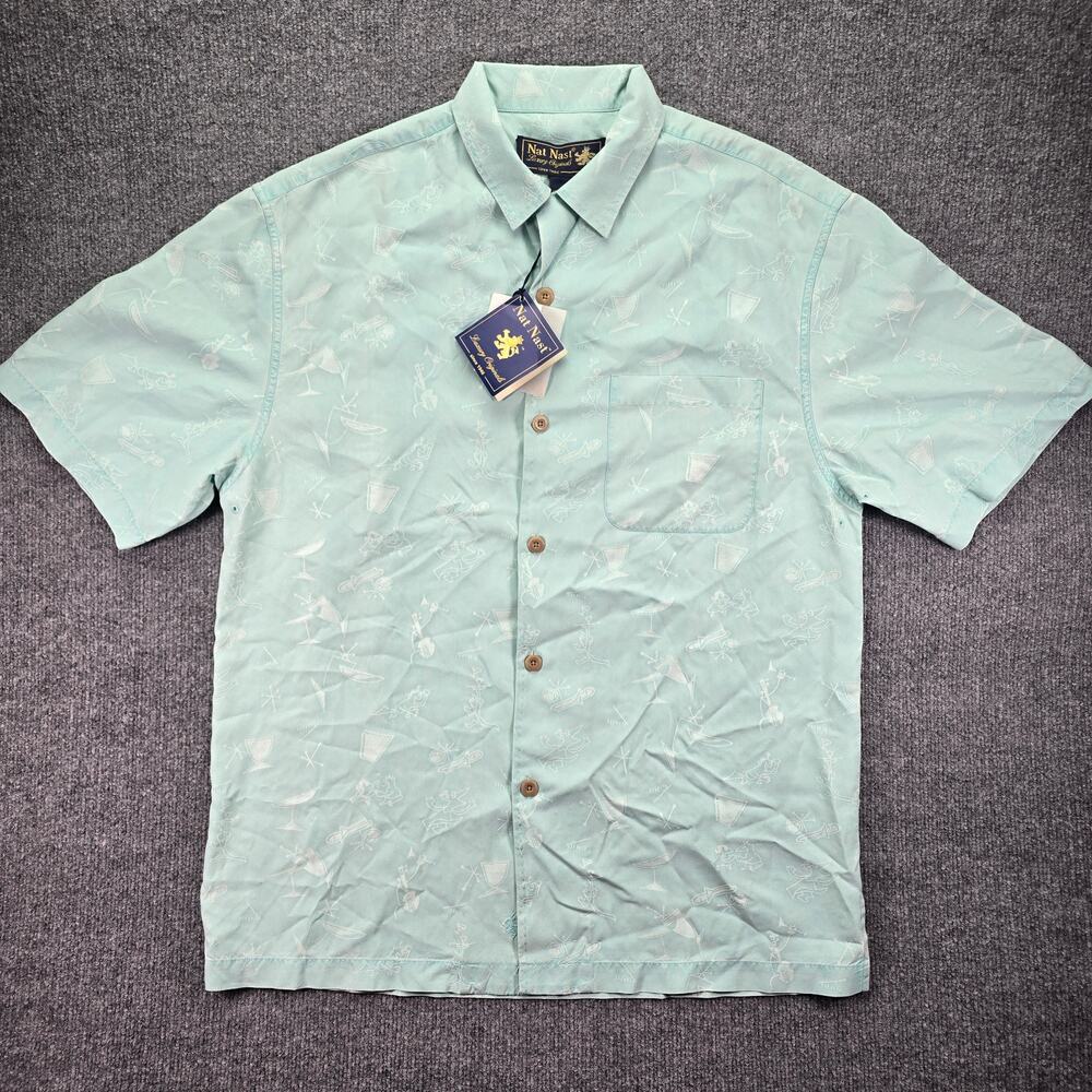 Nat Nast Luxury Shirt Mens Medium Mint Green Silk Short Sleeve Camp Martini